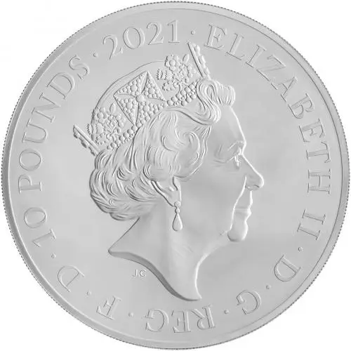 2021 Silver Proof 5 Ounce Great Engravers Series Elizabeth II Gothic Quartered Arms Pound Sterling £10  Coin With Box with Cert Collectable United Kingdom The Royal Mint obverse