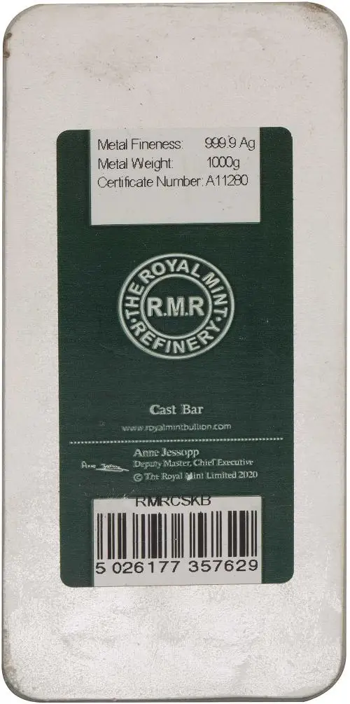 Silver 1 Kilogram Royal Mint Refinery Bullion Bar Reverse