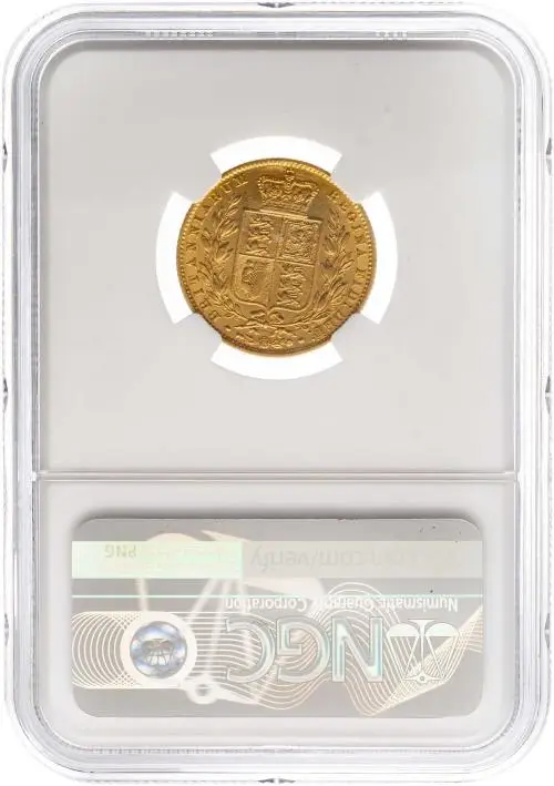 1859 Gold Sovereign Victoria Young Head Ansell Shield London NGC AU-55 reverse inverted