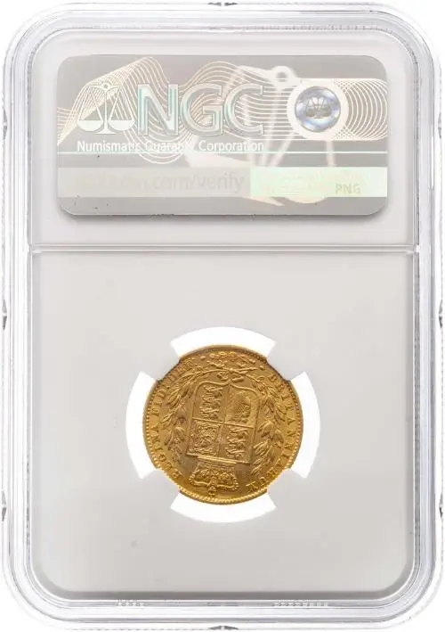 1859 Gold Sovereign Victoria Young Head Ansell Shield London NGC AU-55 reverse