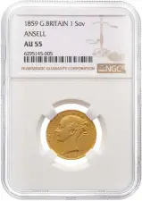 1859 Gold Sovereign Victoria Young Head Ansell Shield London NGC AU-55