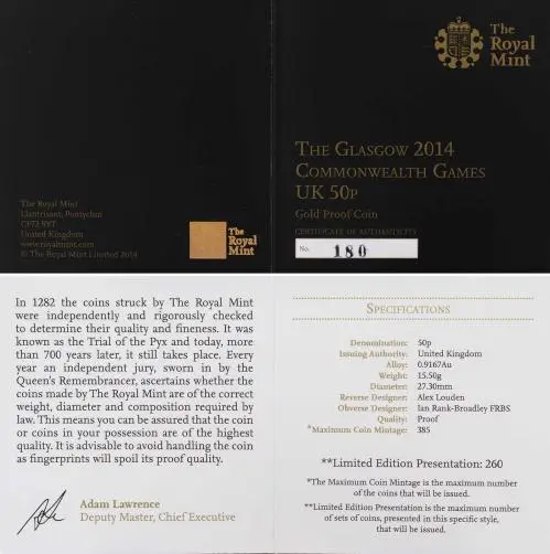 2014 Gold Proof Glasgow Commonwealth Games 50 Pence  Coin Single United Kingdom The Royal Mint certificate and specifications