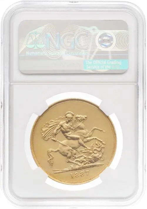 1887 Cleaned Gold Graded Quintuple Sovereign Victoria Jubilee Head  Coin NGC United Kingdom  AU Details reverse