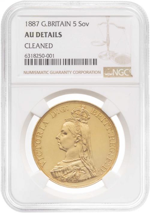 NGC-AU ディテール　洗浄　ヴィクトリア 1887 ジュビリー・ヘッド 1887 Gold £5 Quintuple Sovereign Victoria Jubilee - NGC AU