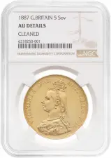 1887 Gold £5 Quintuple Sovereign Victoria Jubilee Head NGC AU Details Cleaned