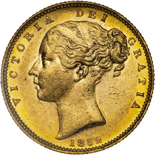 1852 Gold Graded Victoria Young Head Shield Sovereign NGC MS-61 Coin Obverse
