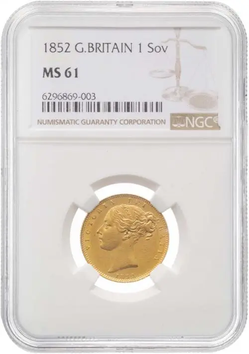 1852 Gold Graded Victoria Young Head Shield Sovereign NGC MS-61 Coin slabbed