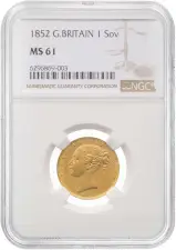1852 Gold Sovereign Victoria Young Head Shield London NGC MS-61 