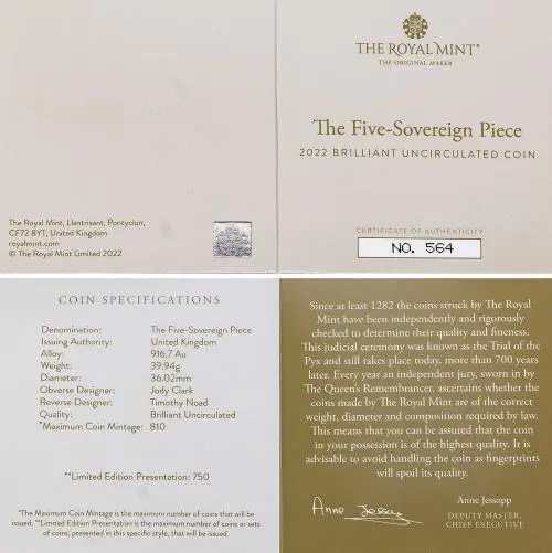 2022 Platinum Jubilee Five Sovereign Piece BU Matt Finish with cert