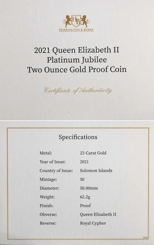 2021 Gold Proof Elizabeth II Platinum Jubilee Pound Sterling $25  Coin Single Solomon Islands Harrington & Byrne with cert