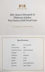2021 Gold Proof Elizabeth II Platinum Jubilee Pound Sterling $25  Coin Single Solomon Islands Harrington & Byrne with cert
