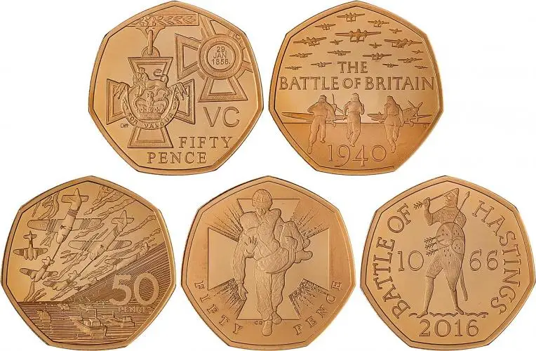 2019 Gold Proof Piedfort Elizabeth II British Culture Military Pound Sterling 50 Pence Coin Set with Cert United Kingdom The Royal Mint 5 Coins reverse designs