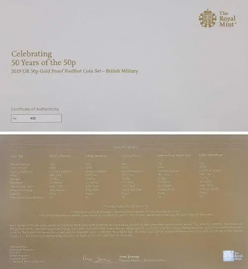 2019 Gold Proof Piedfort Elizabeth II British Culture Military Pound Sterling 50 Pence Coin Set with Cert United Kingdom The Royal Mint 5 Coins with certificate