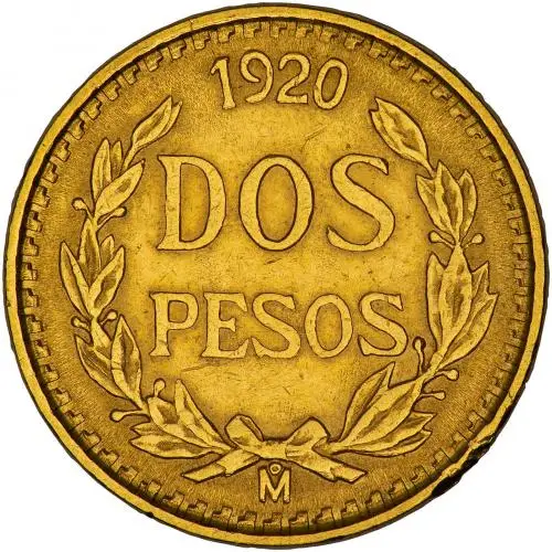 1920 Gold 2 Pesos  Coin Single Mexico reverse