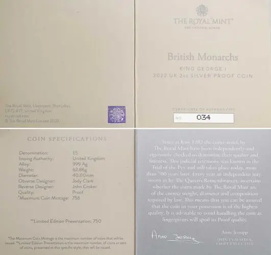 2022 George I Silver Proof 2 oz Coin - The British Monarchs Collection certificate