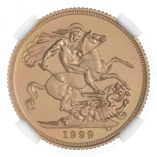 1999 Gold Graded Full Sovereign Elizabeth II Coin United Kingdom NGC PF 70 ULTRA CAMEO rev