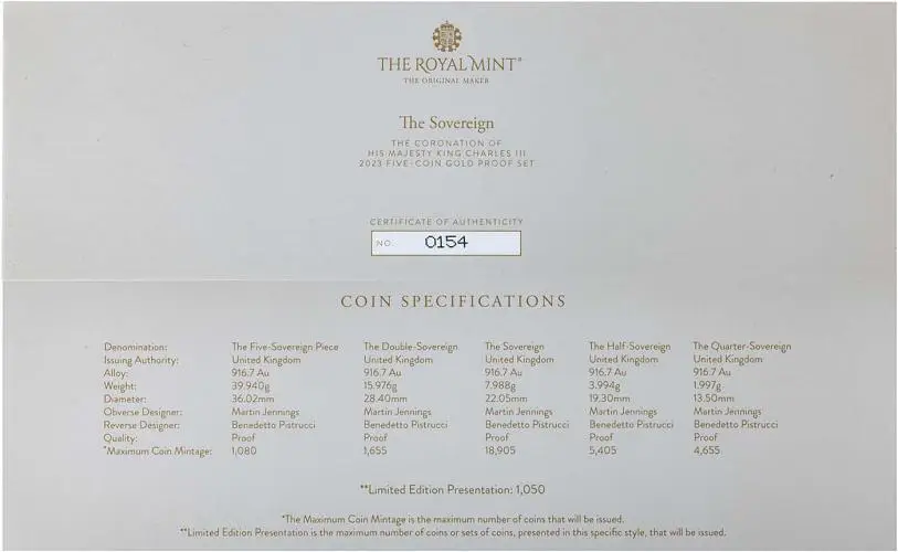 2023 Coronation of King Charles III 5-Coin Gold Proof Sovereign Set Certificate Chards