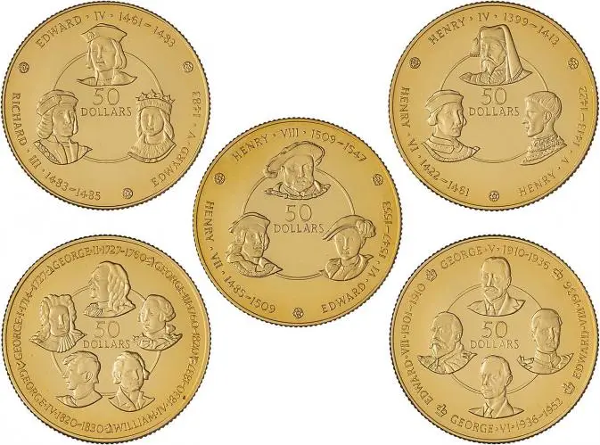 1980 Gold Proof Elizabeth II Gold Kings Collection Cayman Islands Dollar $50  Coin With Book Without Cert Cayman Islands 10 Coins tray 2 reverse