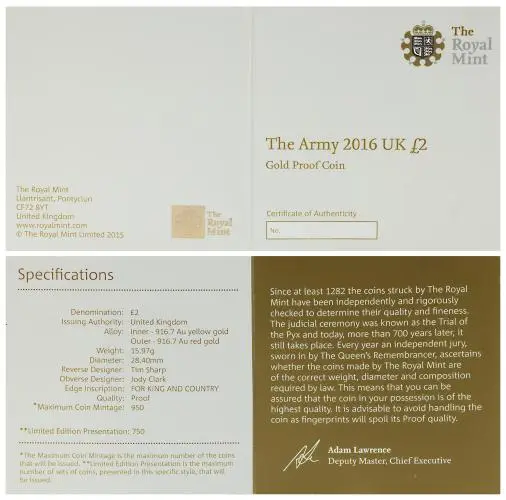 2016 The Army First World War 'Shoulder to Shoulder' £2 Gold Proof Coin certificate