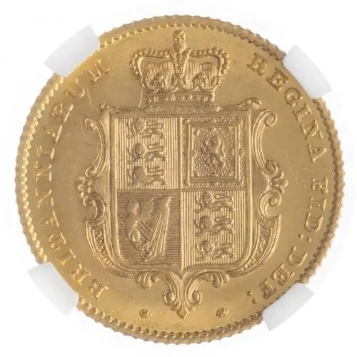 1850 Gold Graded Half Sovereign Victoria Young Head Shield NGC MS-62 rev closer