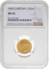 1850 Gold Graded Half Sovereign Victoria Young Head Shield NGC MS-62