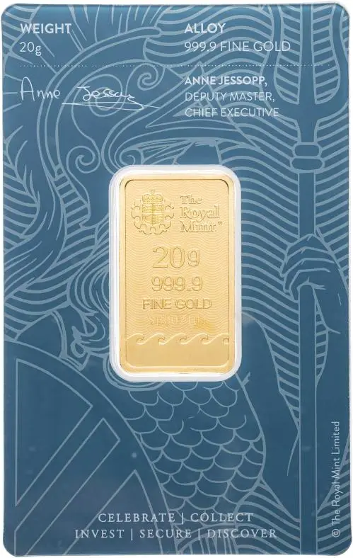 The Royal Mint 20g Britannia Minted Gold Bullion Bar chards obverse