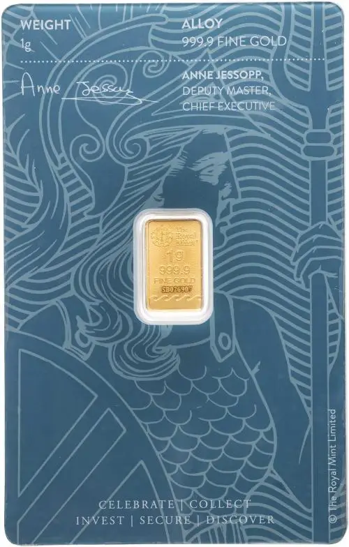 The Royal Mint 1g Britannia Minted Gold Bullion Bar Obverse - In Card Obverse