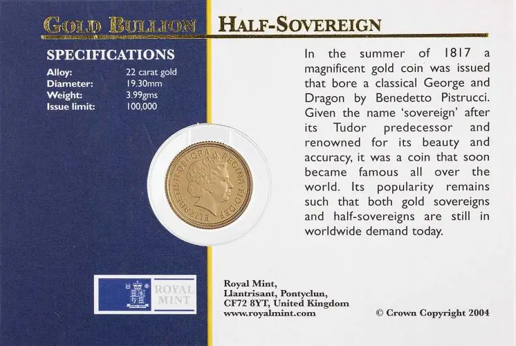 2004 Gold Bullion Ungraded Half Sovereign Elizabeth II Coin In Sleeve United Kingdom The Royal Mint Fourth Portrait obverse