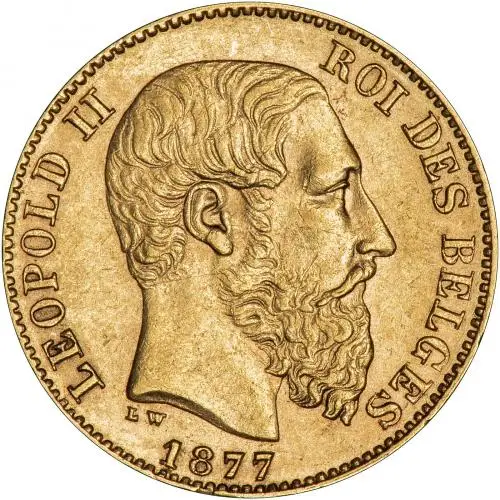 1877 Gold 20 Franc Coin Single Belgium obverse