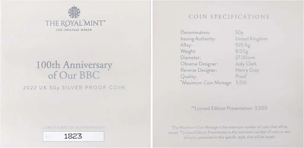 2022 100 Years of the BBC Silver Proof 50p Coin  cert