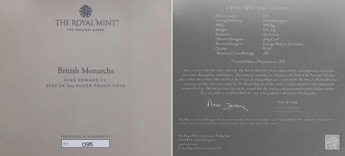 2022 Edward VII Silver Proof 5 oz Coin- The British Monarchs Collection with cert   