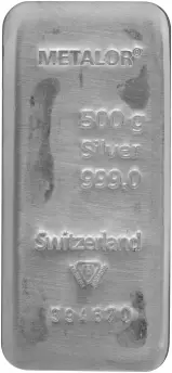 Metalor 500g Cast Silver Bullion Bar Without Certificate