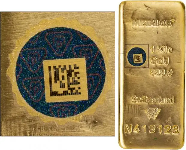 Metalor 1kg Cast Gold Bullion Bar obverse showing security feature