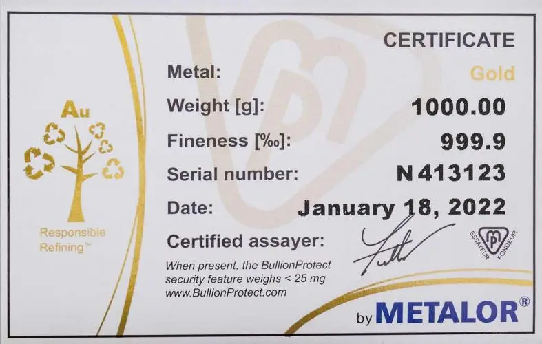 Metalor 1kg Cast Gold Bullion Bar with certificate of authenticity