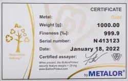 Metalor 1kg Cast Gold Bullion Bar with certificate of authenticity