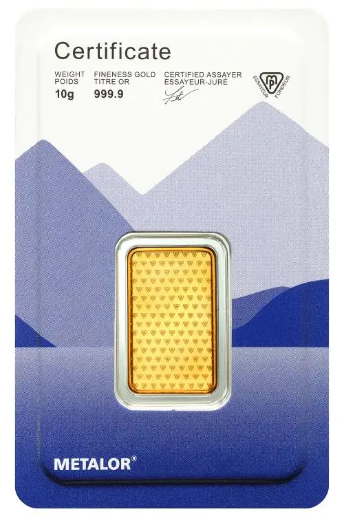 Metalor 10g Minted Gold Bullion Bar chards obverse
