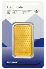Metalor 20g Minted Gold Bullion Bar obverse chards