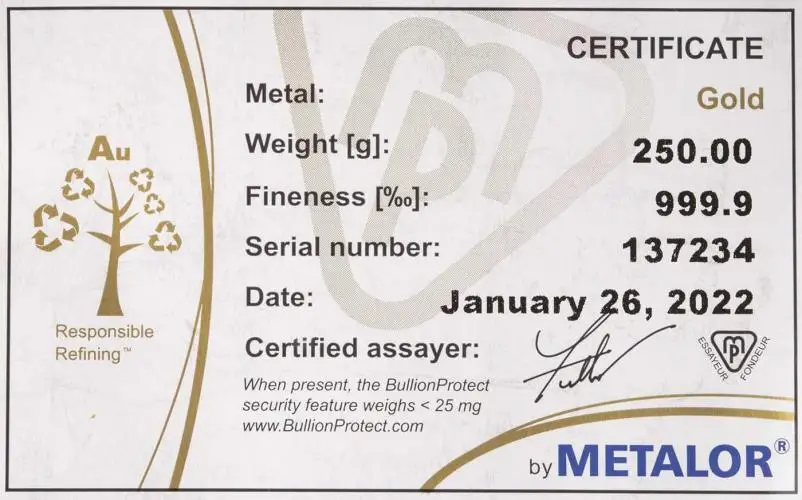 Metalor 250g Cast Gold Bullion Bar with certificate of authenticity
