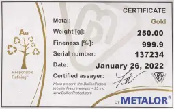 Metalor 250g Cast Gold Bullion Bar with certificate of authenticity
