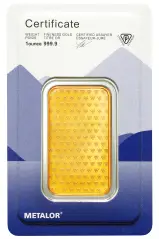 Metalor 1 oz Minted Gold Bullion Bar chards obverse