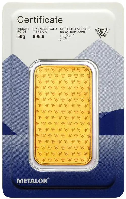 obverse packaging Metalor 50g Minted Gold Bullion Bar 