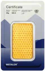 obverse packaging Metalor 50g Minted Gold Bullion Bar 
