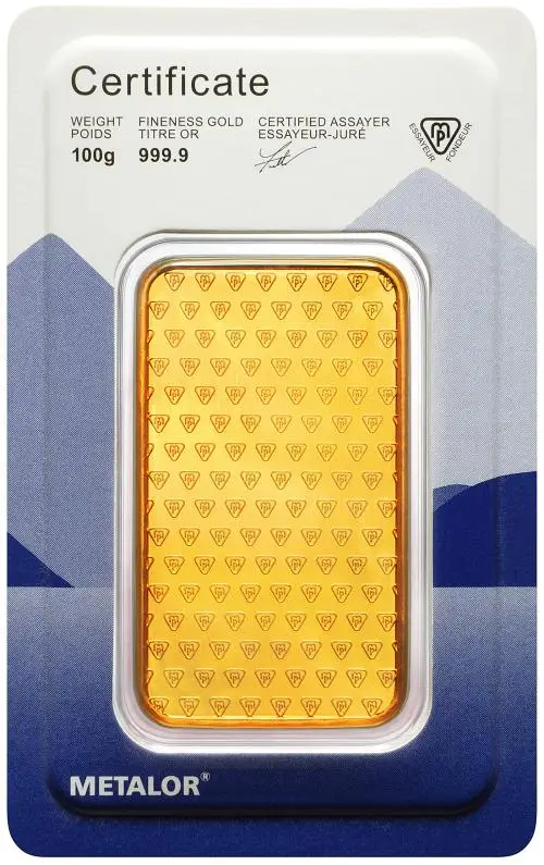 Metalor 100g Minted Gold Bullion Bar obverse 1