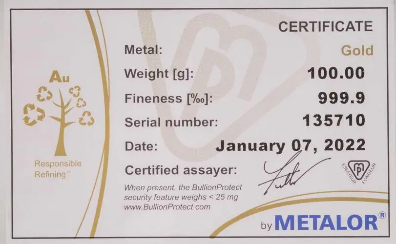 100g Gold Bar Metalor Cast certificate of authenticity