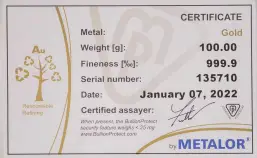 100g Gold Bar Metalor Cast certificate of authenticity
