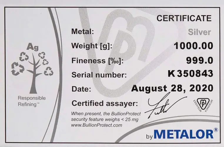 Metalor 1kg Cast Silver Bullion Bar with cert