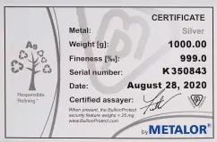 Metalor 1kg Cast Silver Bullion Bar with cert