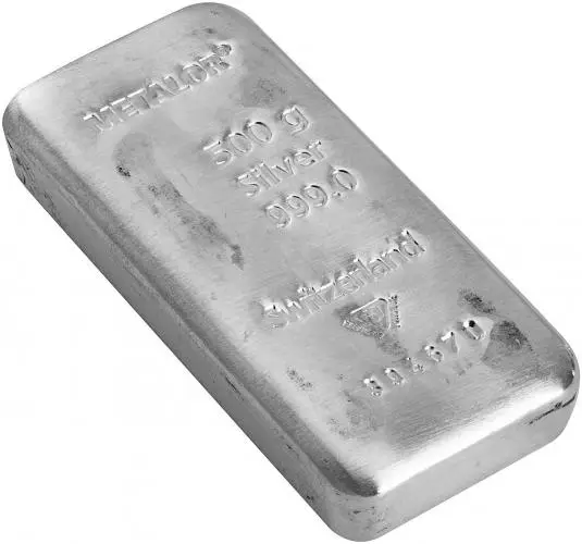 Metalor 500g Cast Silver Bullion Bar side view