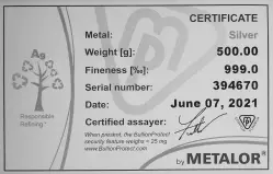 Metalor 500g Cast Silver Bullion Bar with cert