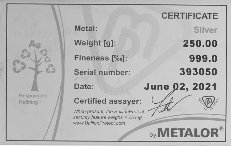 250g Metalor Silver Bar Cast certificate